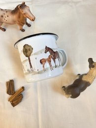 Emalje kop heste | Krus | Børnekrus | hest | Pandehår | Ridning | rytter | Akvarel | Akvarel || HJERTE & PAPIR