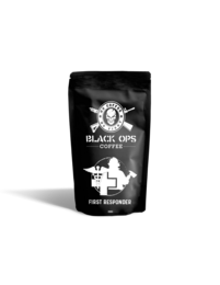 Dark roast coffee beans in a black bag with a white logo depicting a skull and crossbones. The bag is labeled "BLACK OPS COFFEE" indicating a strong, bold coffee blend.