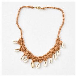  Gold shell cord necklace with natural beige shells and spikes, bohemian style statement jewelry.