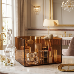 A clear, transparent storage organizer with a sleek, modern design. Ideal for organizing makeup, cosmetics, and other small items.