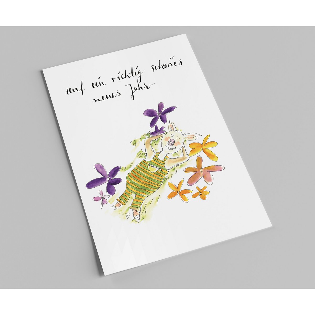 New Year's card | Relaxed pig in a flower meadow | Here’s to a really nice new year