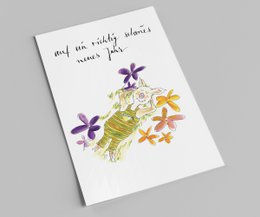 Tarjeta de año nuevo | Cerdo relajado en un prado de flores | Brindemos por un año nuevo realmente agradable.