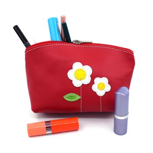 Handgemaakte volnerf lederen rode make-up tas met schattige bloemen