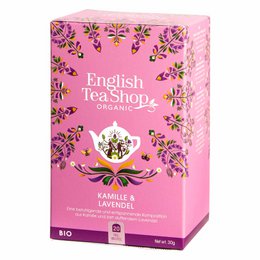 Organic chamomile and lavender tea in a pink box with floral designs. Contains 20 tea bags.