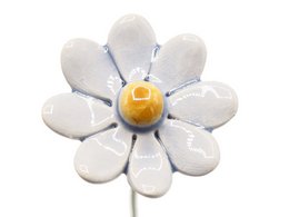 Small light blue ceramic daisy flower with yellow center, 3.5 cm in size, part of artificial plant collection.