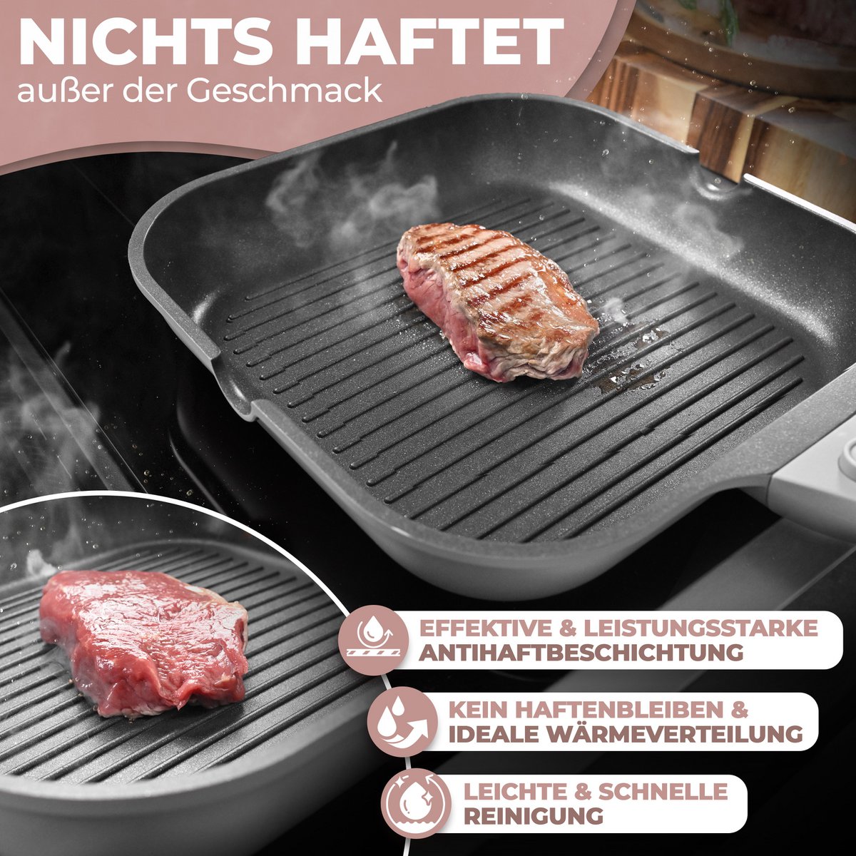 Grill Pan 28 cm, ikke -stick coating, aftagelige håndtag, induktion, ovnfestival (grå)
