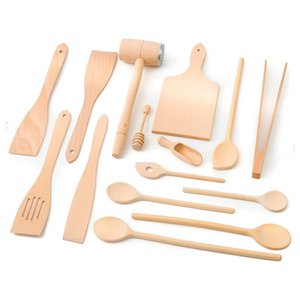 15-delige houten keukengereiset (kooklepels, draaiers, honinglepel, barbecuetang, snijplank, vleeshamer, kruidenlepel)