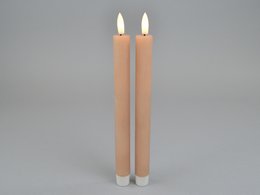 Tall, cylindrical LED candles with on/off and timer functions, powered by 2xAAA batteries.