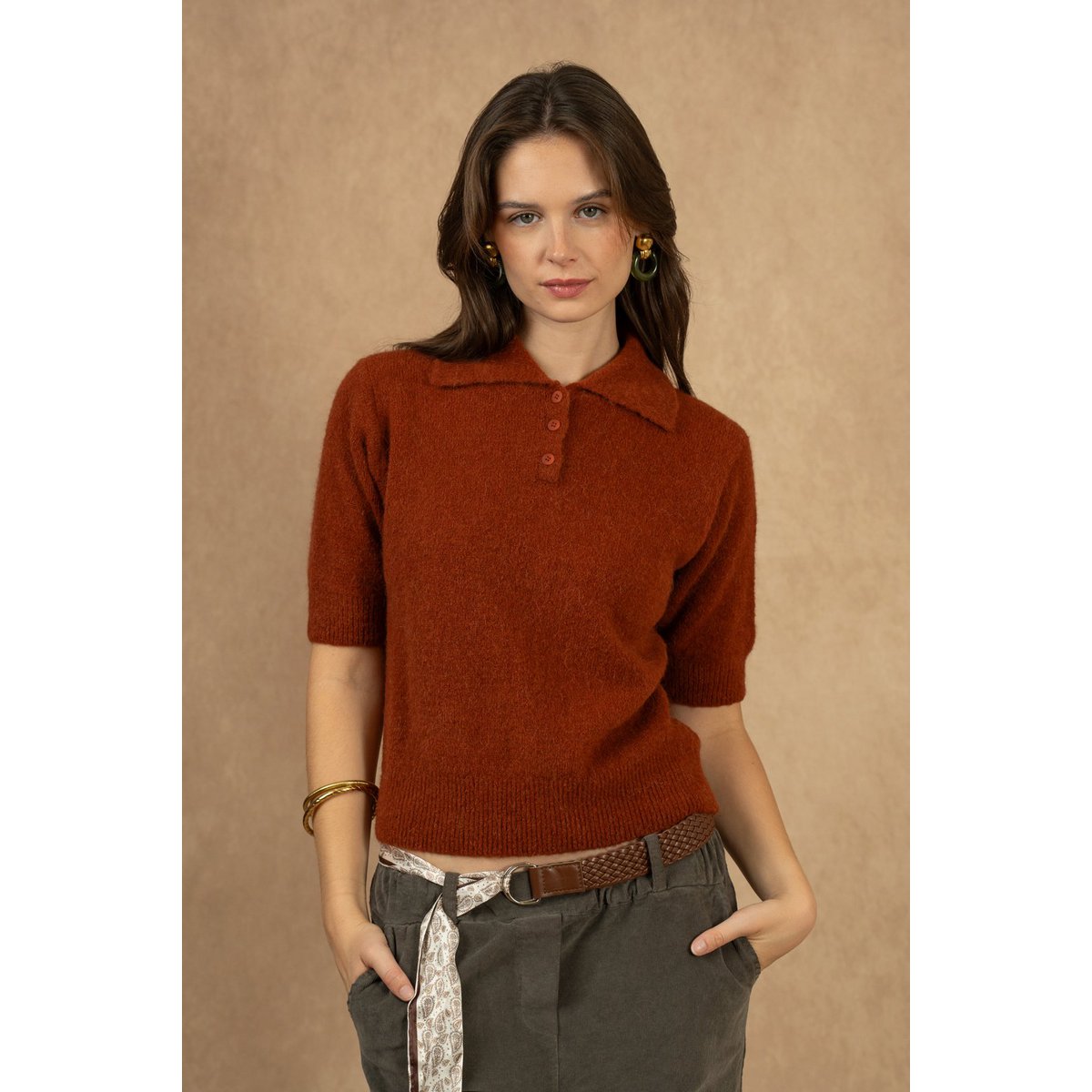 Pull col polo manches courtes en alpaga