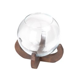 A round, clear glass sphere vase with a wooden stand. The vase contains a bouquet of pink flowers.