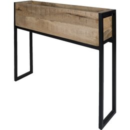 Tall rectangular wooden planter with black metal frame. Made of natural wood with visible grain texture. Suitable for indoor or outdoor use to display plants or greenery.