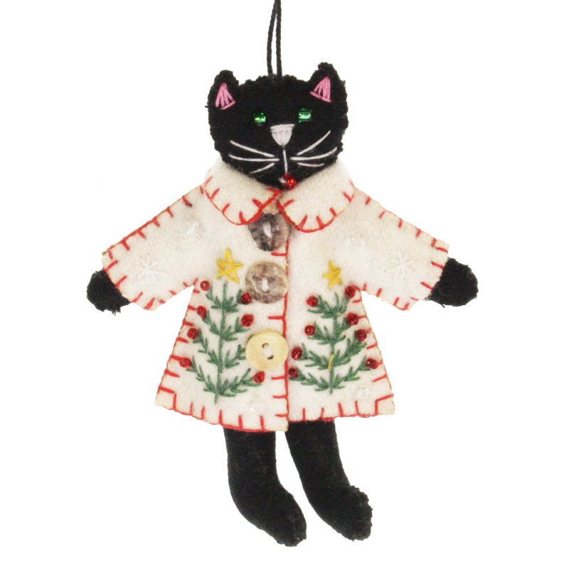 Kat met kerstjas wit/ zwart, vilt 