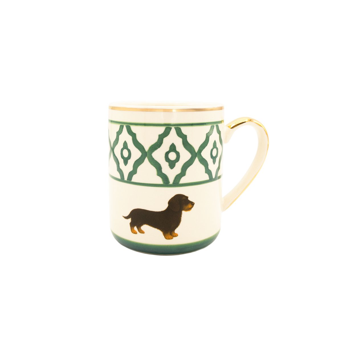 Kaffeetasse/Coffee-Mug Modell Dackel aus Keramik, handbemalt mit Dackelmotiv, Goldrand und gold belegtem Griff 250 ml. Tasseninhalt in den Farben rot, grün und blau erhältlich