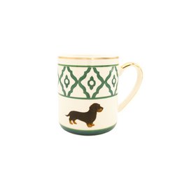Kaffeetasse/Coffee-Mug Modell Dackel aus Keramik, handbemalt mit Dackelmotiv, Goldrand und gold belegtem Griff 250 ml. Tasseninhalt in den Farben rot, grün und blau erhältlich
