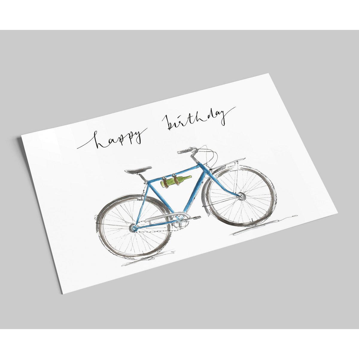 verjaardagskaart | Fiets met wijnfles | fijne verjaardag | Ansichtkaart met aquarel en handletters