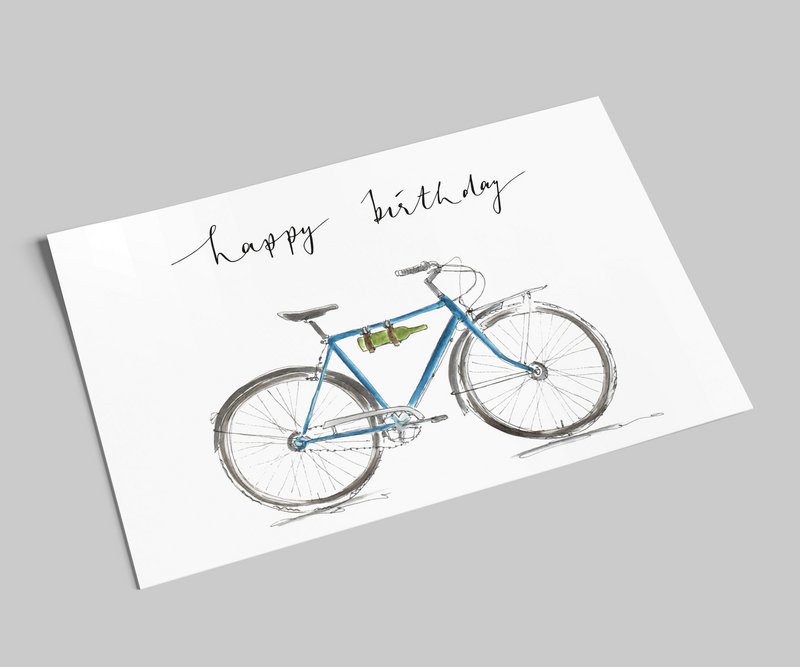 verjaardagskaart | Fiets met wijnfles | fijne verjaardag | Ansichtkaart met aquarel en handletters