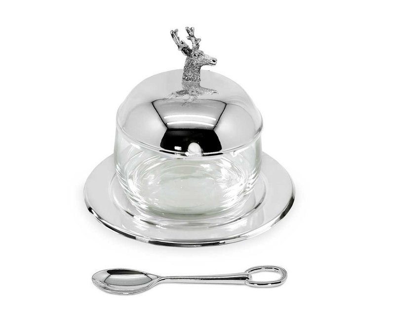 EDZARD jam jar deer with saucer and spoon, silver-plated, height 11 cm, ø 14 cm, ø glass 10 cm