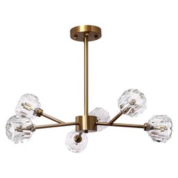  Elegant pendant light with a copper and gold finish, featuring 6 crystal glass shades for a modern and luxurious look. Suitable for living rooms, dining rooms, and entryways.