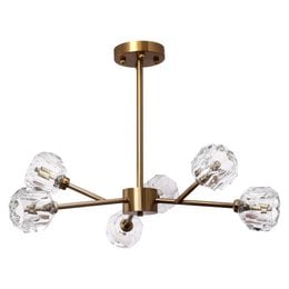 Elegant pendant light with a copper and gold finish, featuring 6 crystal glass shades for a modern and luxurious look. Suitable for living rooms, dining rooms, and entryways.