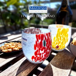 6 Glass Light Water Glass Water and Hand -Handed With Murrine Di Murano, "I Colori di Murano" line 320 ml. Made in Italy