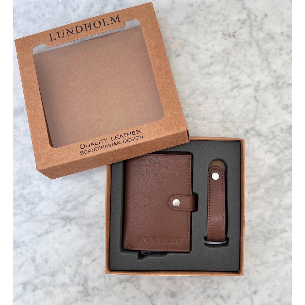 Tarjetero de piel + organizador de llaves marrón — set de regalo para hombre — Lundholm Örebro Safety Wallet