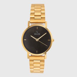 Gold-toned stainless steel watch with a black dial and a 32mm case size.