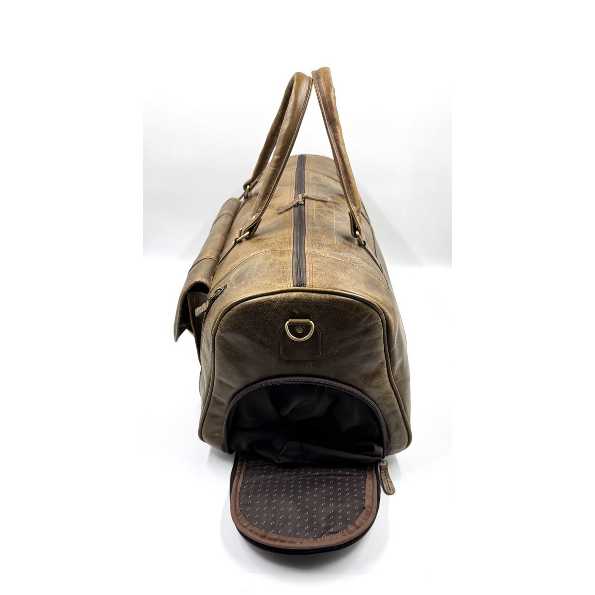 Handgefertigte Reisetasche aus marokkanischem Leder in Olivgrün – handgefertigte „Forest Moss“-Reisetasche mit 6 Fächern und speziellem Schuhfach