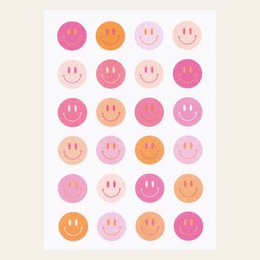 Colorful smiley face postcard with a playful, whimsical design. Features a variety of pink, orange, and yellow smiley faces in different sizes and expressions.