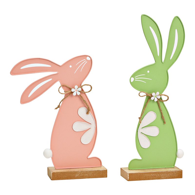 Metal bunny stand on a wooden base, 2-fold, green/pink (W/H/D) 10x30x5cm