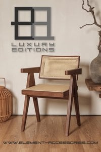 Luxury Design Chair Pierre Jeanneret: wide wood, walnut color + rattan, top quality