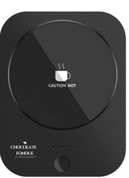 Black electric hot plate warmer, round heating surface, modern minimalist design, teapot warmer, kitchen appliance.