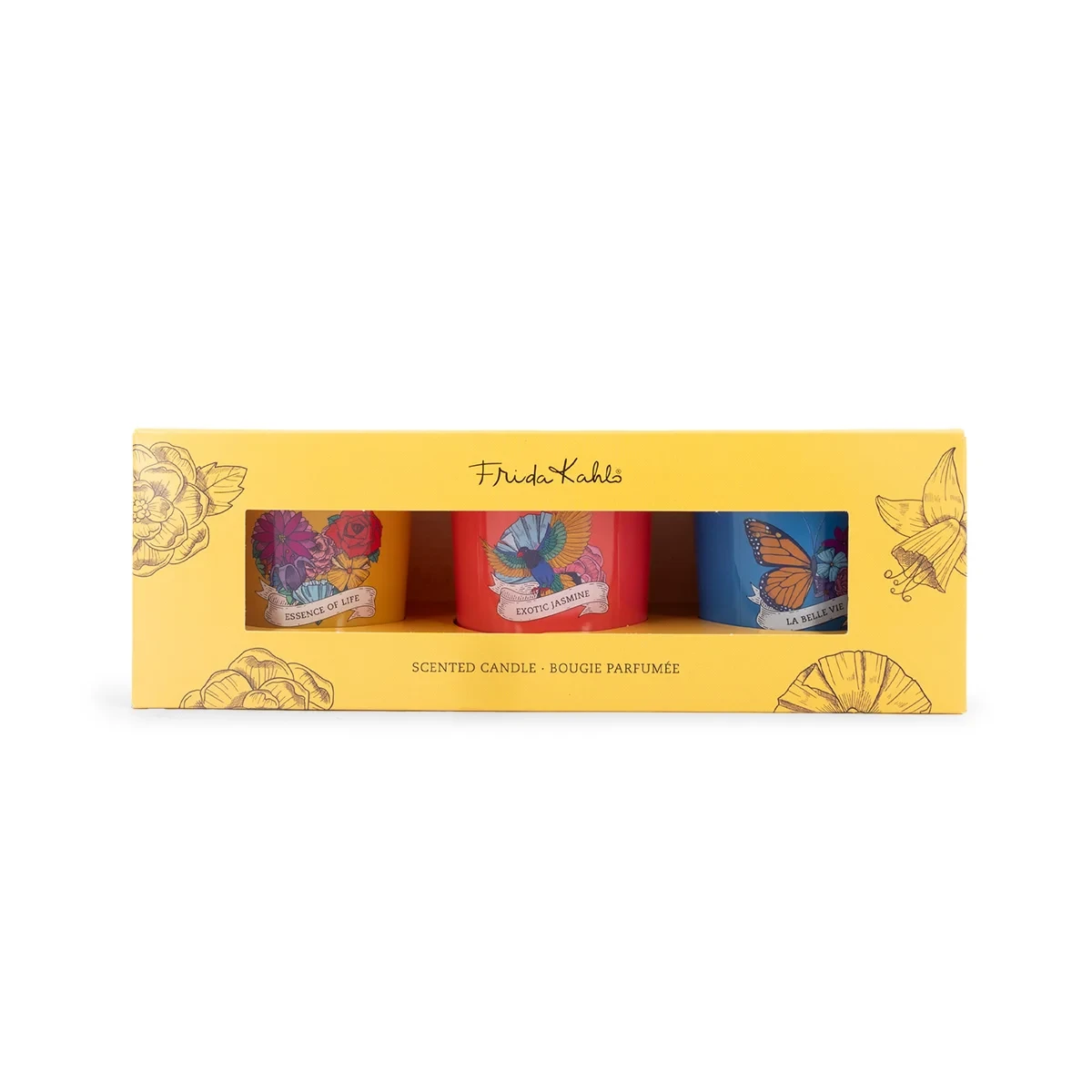 3er Set Duftkerze Frida Kahlo - La Belle vie, Exotic Jasmine, Essence of Life - 3 x 70g