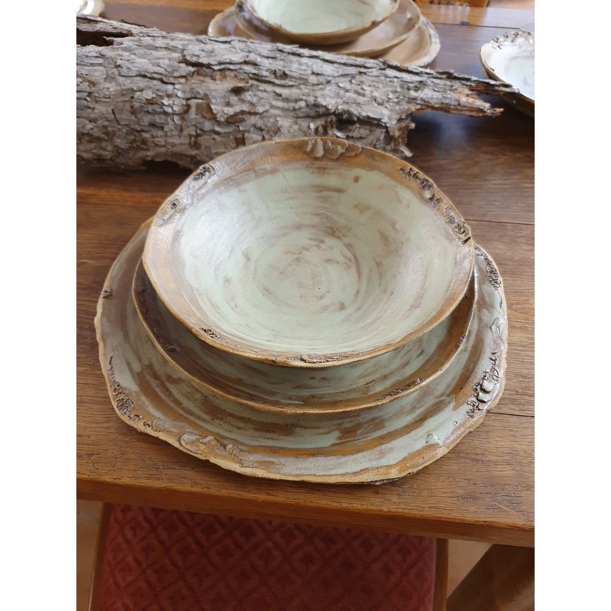 Speise-Teller, flach, ca. 24 cm, Geschirr, Handarbeit, Steinzeug, Unikat, Teller,  cremeweiß, matt