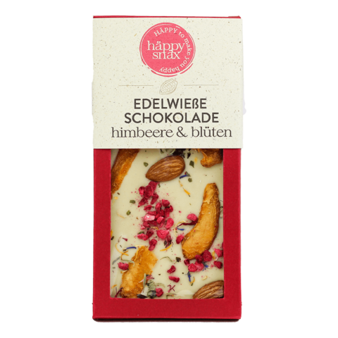 Edele witte chocolade 35% met frambozen en bloesems, met ruwe rietsuiker