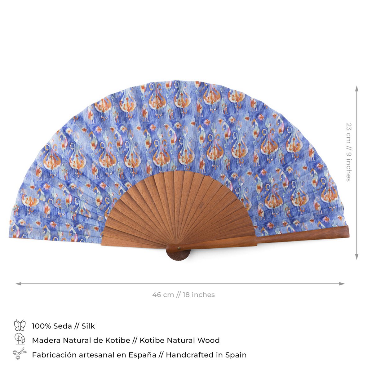 Blau und orange handgefertigte Ikat-inspirierte Seidenlüfter