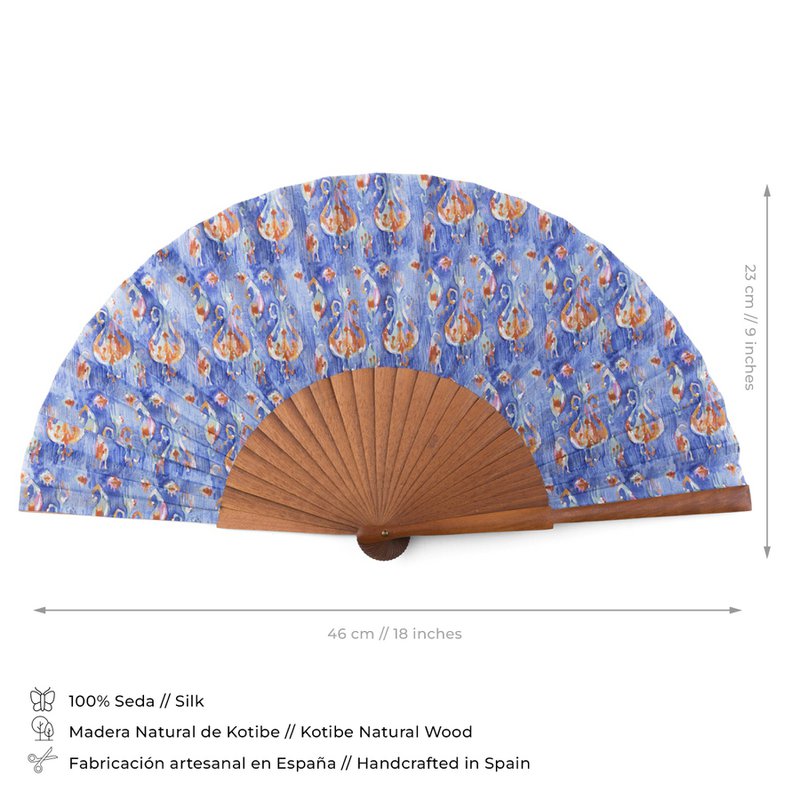 Blau und orange handgefertigte Ikat-inspirierte Seidenlüfter