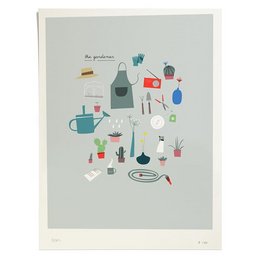 This wall art print features a collection of various gardening and kitchen-related icons and objects, including a watering can, a bottle, a teapot, and other household items. The print has a whimsical, illustrated style and would be suitable for decorating a kitchen or gardening-themed space.