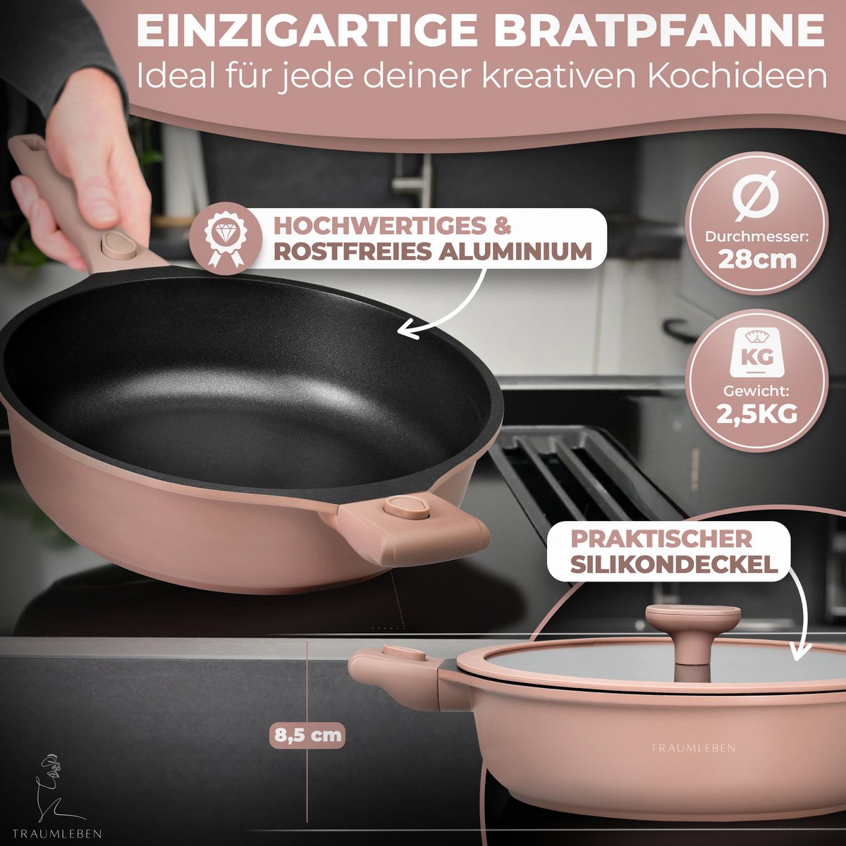 Froh Pan 28 cm, powłoka bez stałej, zdejmowane uchwyty, indukcja, festiwal piekarnika (różowy)