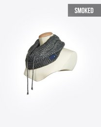 Black snood scarf with a knitted pattern, made of a warm and cozy material.