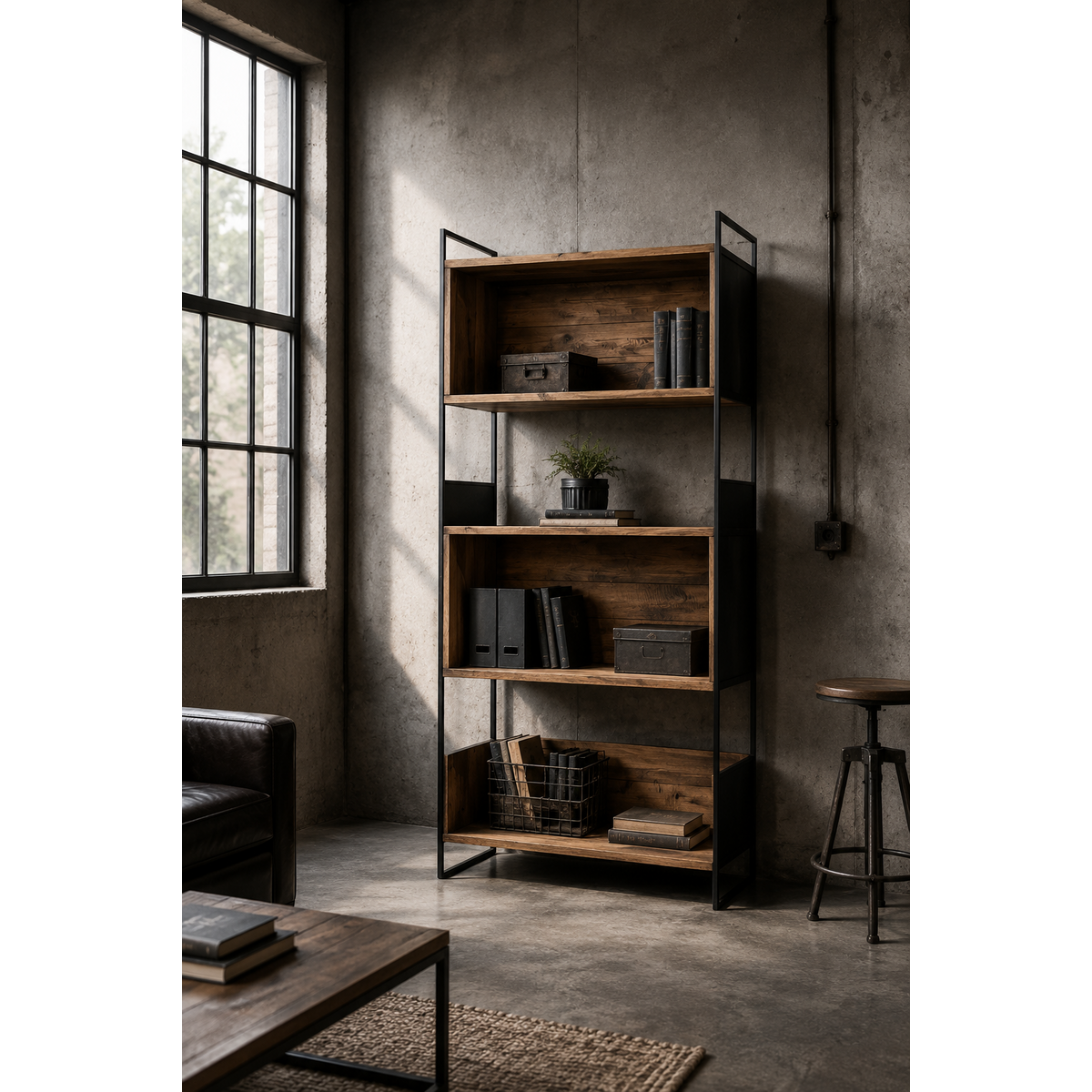 Librería de madera y hierro 90 x 36 x 190 h cm
