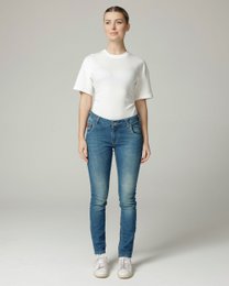 Light mid blue vintage slim fit jeans, classic denim style, women's skinny leg pants.