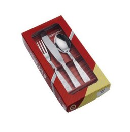  Set of 3 baby cutlery in 18/10 stainless steel. Includes fork, spoon, and knife in a red and yellow gift box.