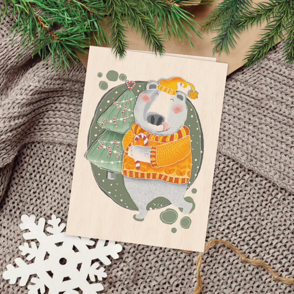 Zoete beer kerst houten wenskaart