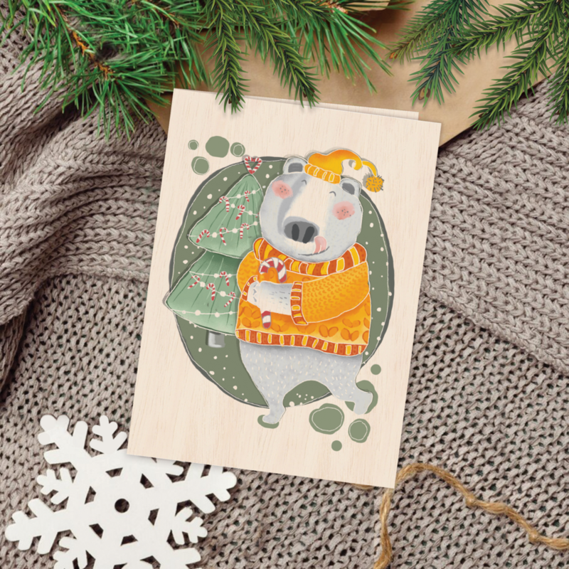 Cartolina d'auguri di Natale in legno con orsetto dolce