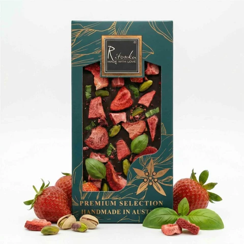 Premium melkchocolade - aardbei, pistachenoten, basilicum 95g