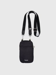 Charcoal black shoulder bag with dual phone compartments and adjustable strap for hands-free carrying.