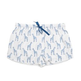 Blue giraffe print sleep shorts for kids, featuring a drawstring waist and a soft, comfortable cotton blend fabric.