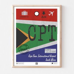 Colorful destination poster for Cape Town, featuring airport code CPT and travel icons. Vibrant design with bold typography and graphic elements.