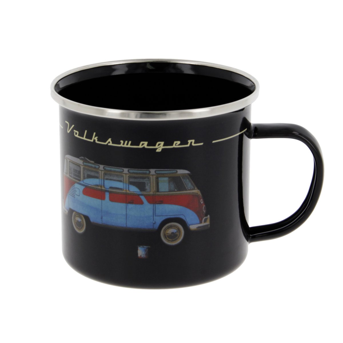 Volkswagen VW T1 Bus Enamel Mug 500ml in Gift Box - Samba & Beetle/Black