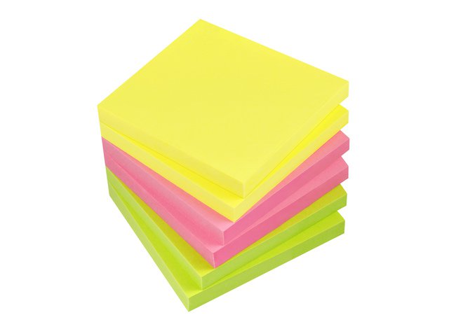 Info notes 75x75mm ass. kleuren pak 6 blok geel, rose, groen